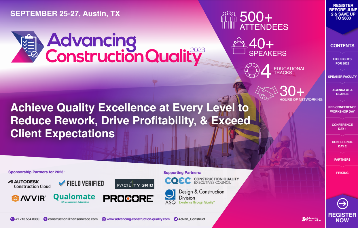 Front Cover for Advancing Construction Quality Event Guide